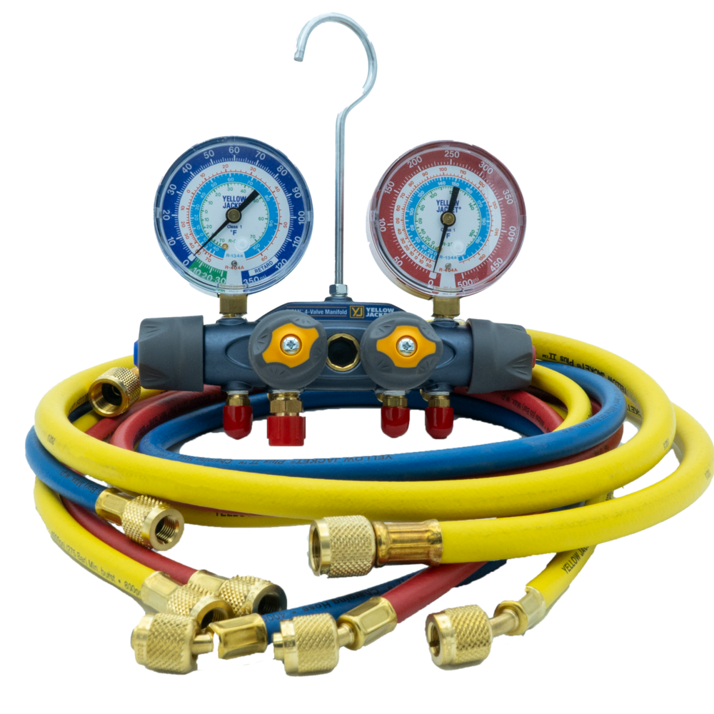 Yellow Jacket 49987 Titan 4-Valve Mechanical Gauge Set with Hose