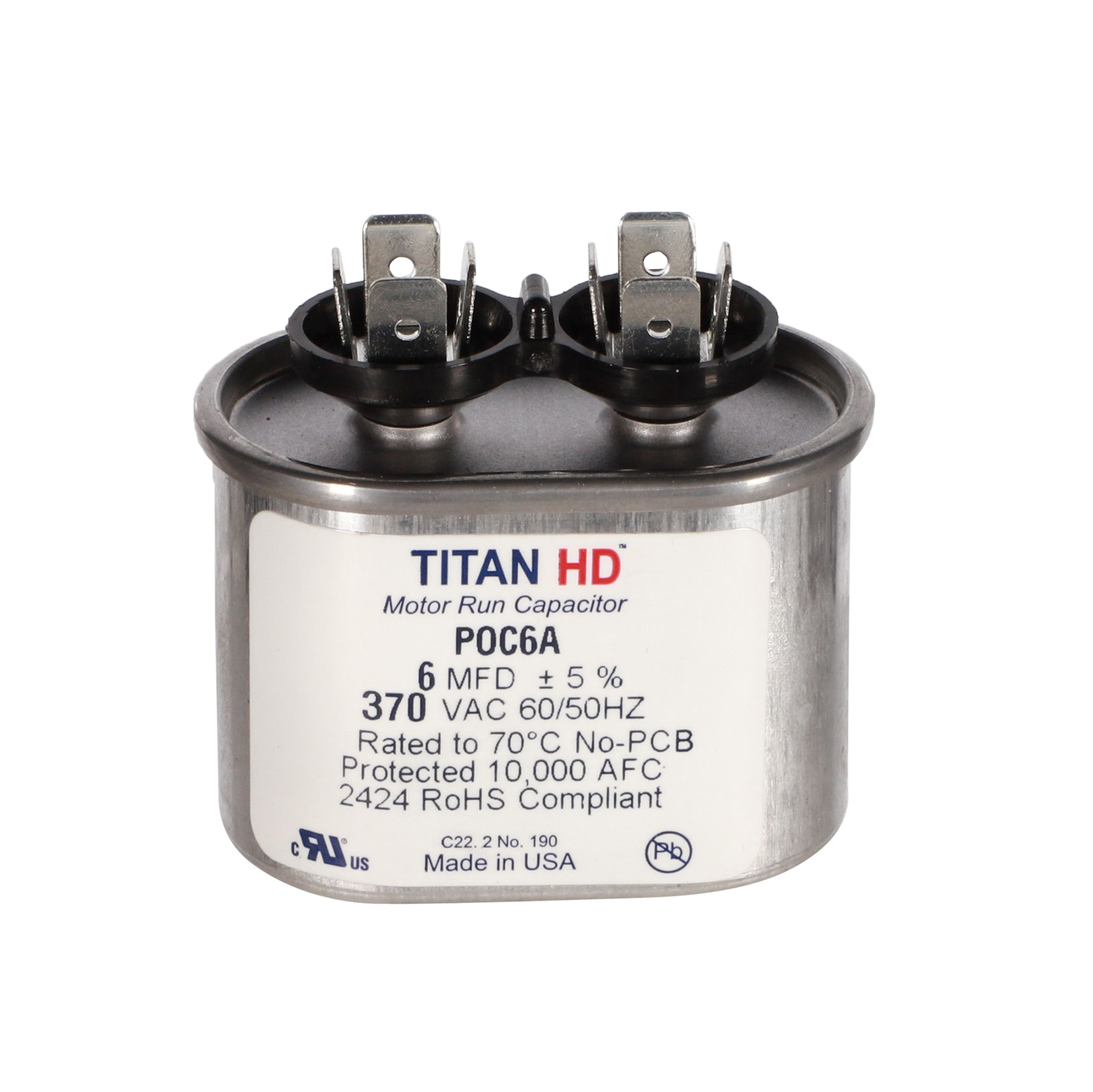 Packard Poc6A Titan Hd 6 Mfd, 370V, Oval Run Capacitor 1 Packard poc6a titan hd 6 mfd, 370v, oval run capacitor