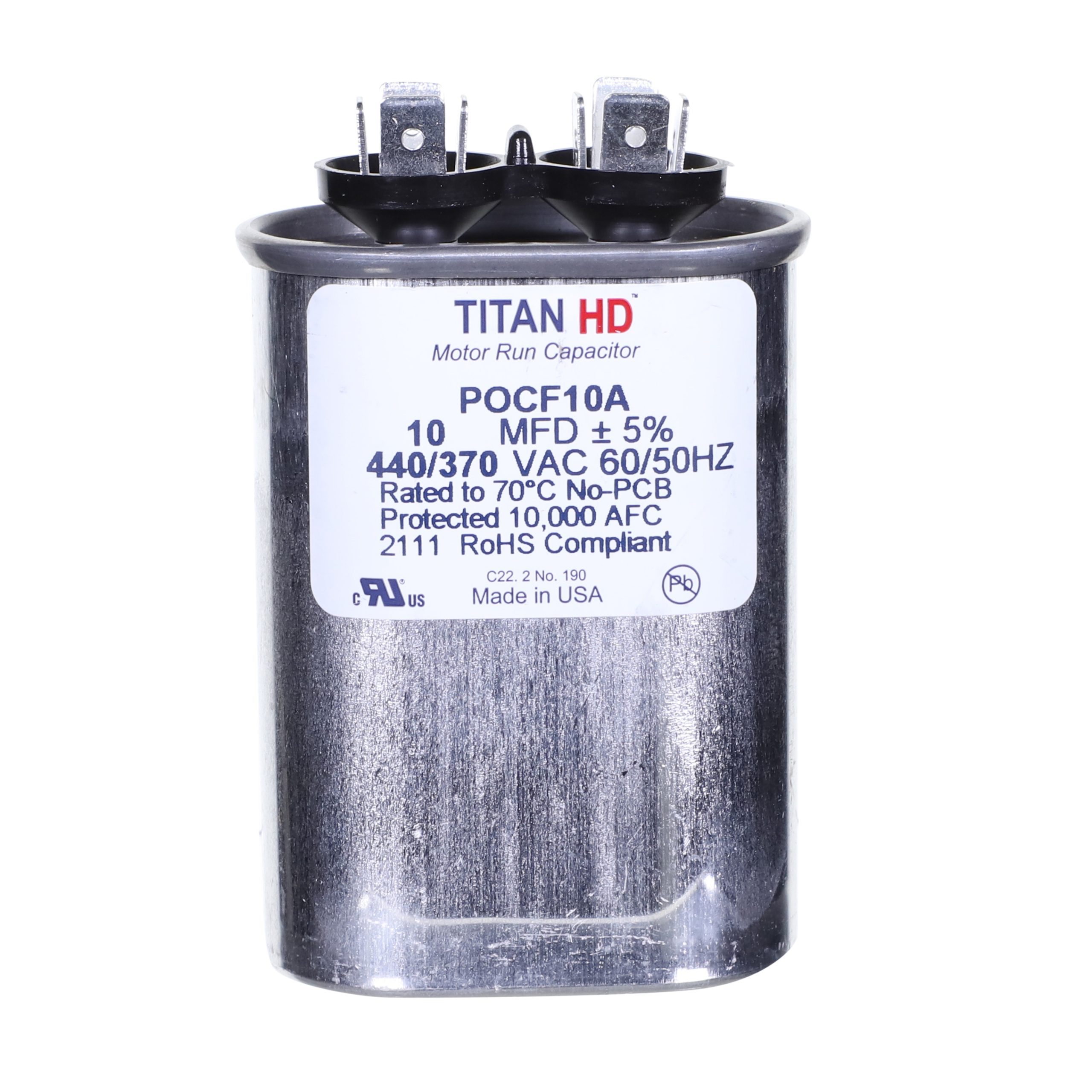 Packard Pocf10A Titan Hd 10 Mfd, 440/370V, Oval Run Capacitor 1 Packard pocf10a titan hd 10 mfd, 440/370v, oval run capacitor