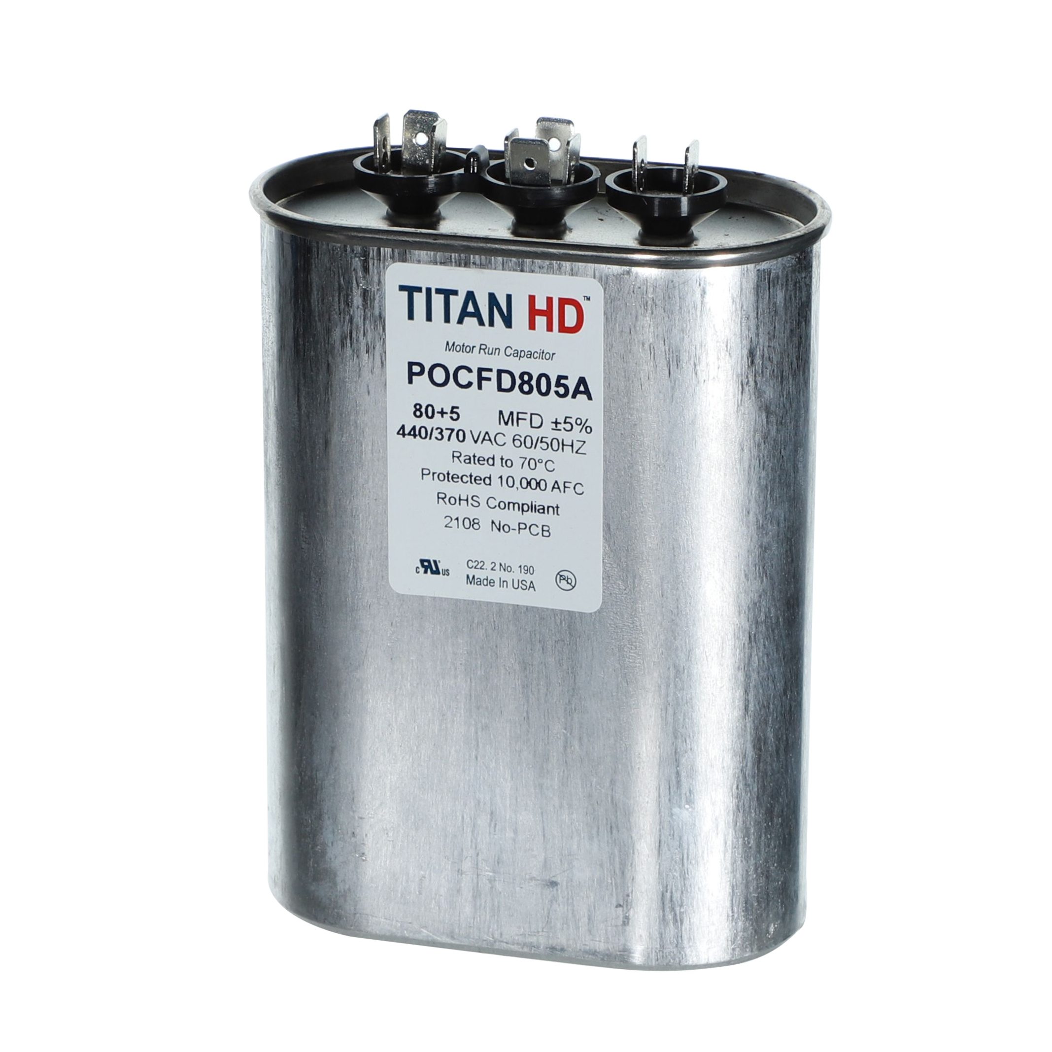 Packard Pocfd805A Titan Hd 80+5 Mfd, 440/370V, Oval Dual Run Capacitor 2 Packard pocfd805a titan hd 80+5 mfd, 440/370v, oval dual run capacitor - image 2