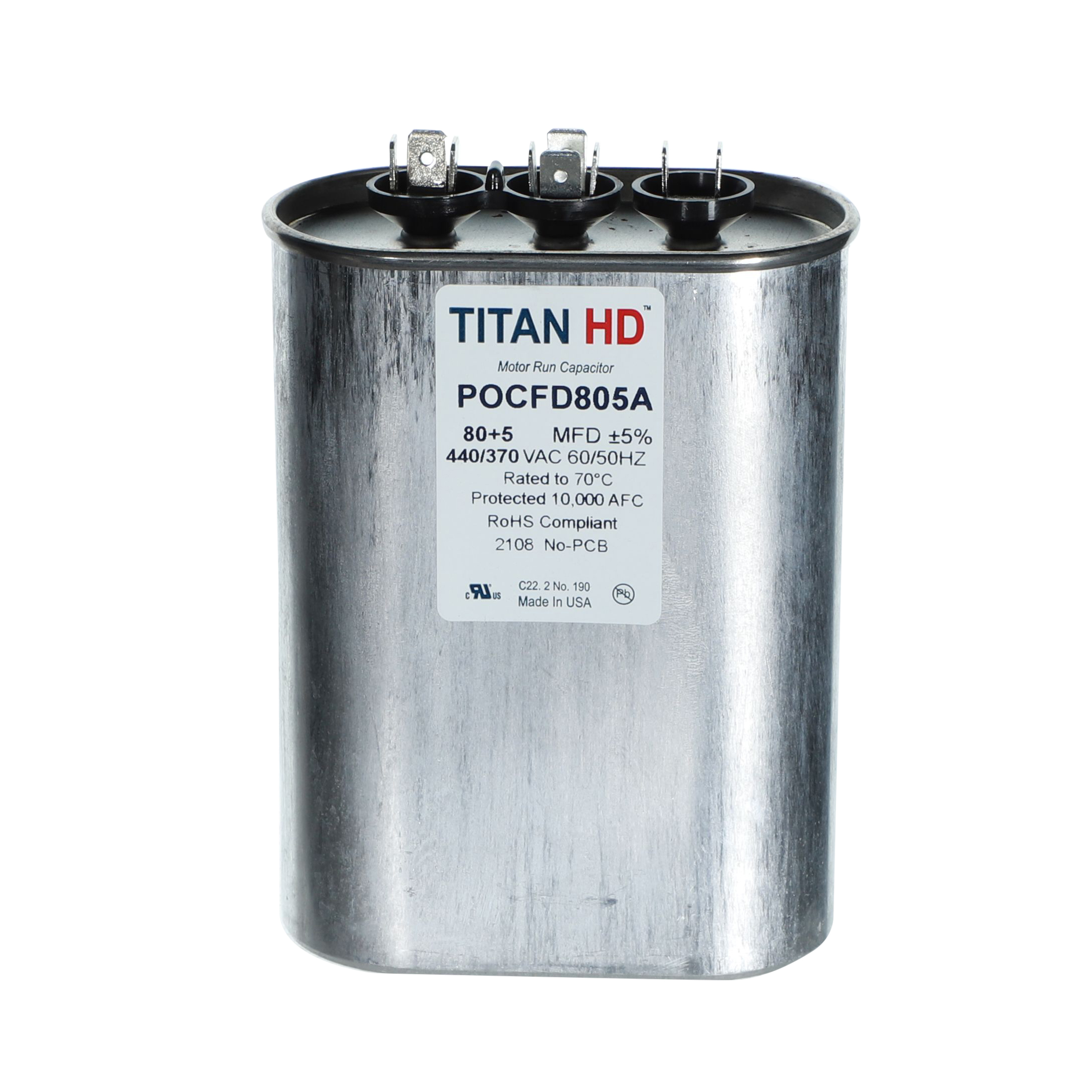 Packard Pocfd805A Titan Hd 80+5 Mfd, 440/370V, Oval Dual Run Capacitor 1 Packard pocfd805a titan hd 80+5 mfd, 440/370v, oval dual run capacitor