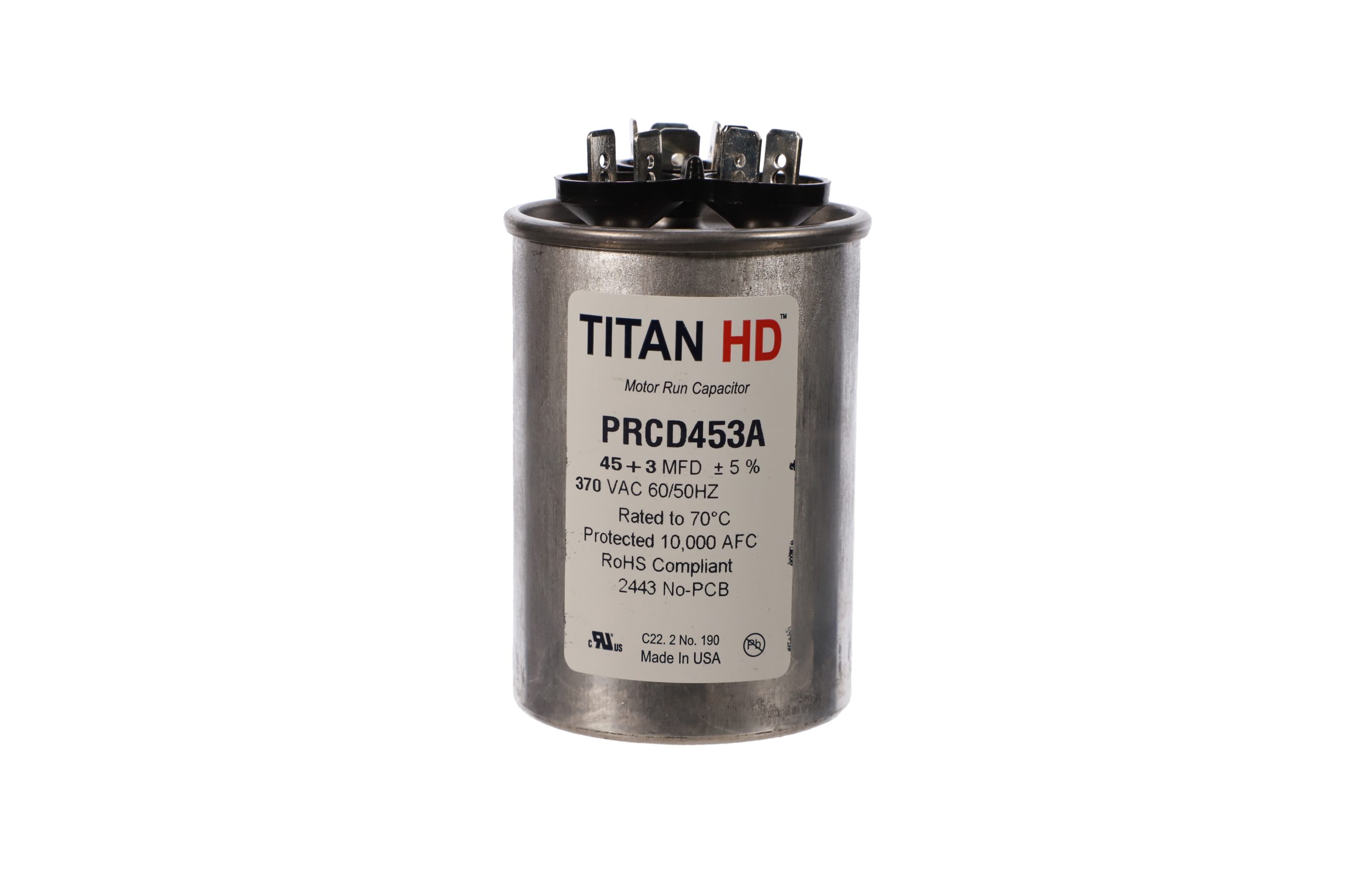 Packard Prcd453A Titan Hd 45+3 Mfd, 370V, Round Dual Run Capacitor 2 Packard prcd453a titan hd 45+3 mfd, 370v, round dual run capacitor - image 2