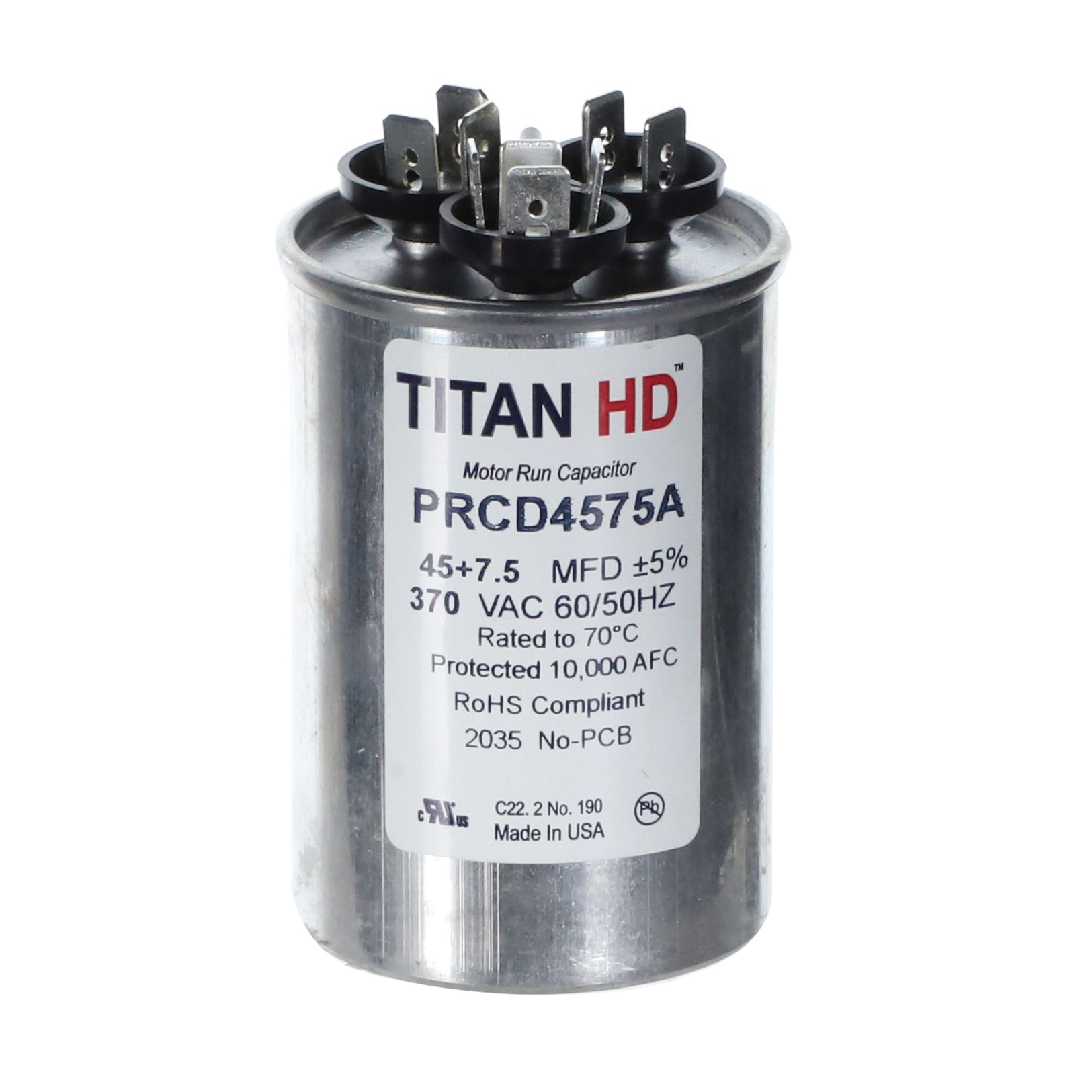 Packard Prcd4575A Titan Hd 45+7.5 Mfd, 370V, Round Dual Run Capacitor 1 Packard prcd4575a titan hd 45+7. 5 mfd, 370v, round dual run capacitor