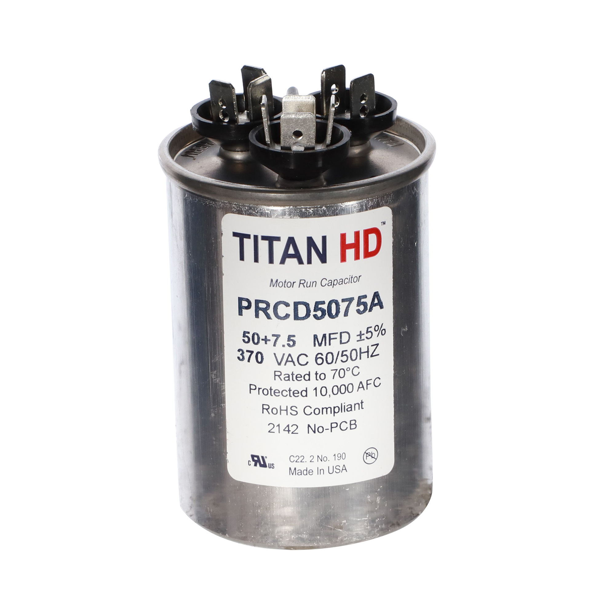 Packard Prcd5075A Titan Hd 50+7.5 Mfd, 370V, Round Dual Run Capacitor 1 Packard prcd5075a titan hd 50+7. 5 mfd, 370v, round dual run capacitor