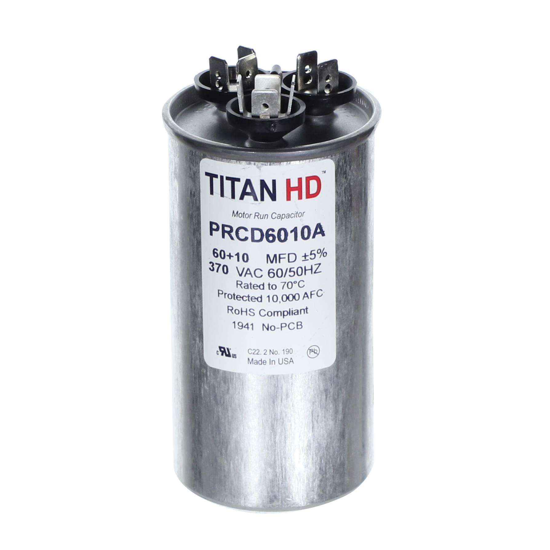 Packard Prcd6010A Titan Hd 60+10 Mfd, 370V, Round Dual Run Capacitor 1 Packard prcd6010a titan hd 60+10 mfd, 370v, round dual run capacitor