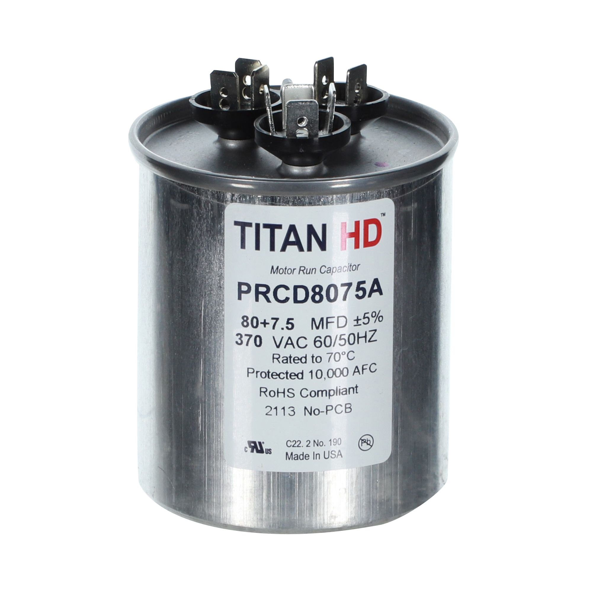 Packard Prcd8075A Titan Hd 80+7.5 Mfd, 370V, Round Dual Run Capacitor 1 Packard prcd8075a titan hd 80+7. 5 mfd, 370v, round dual run capacitor