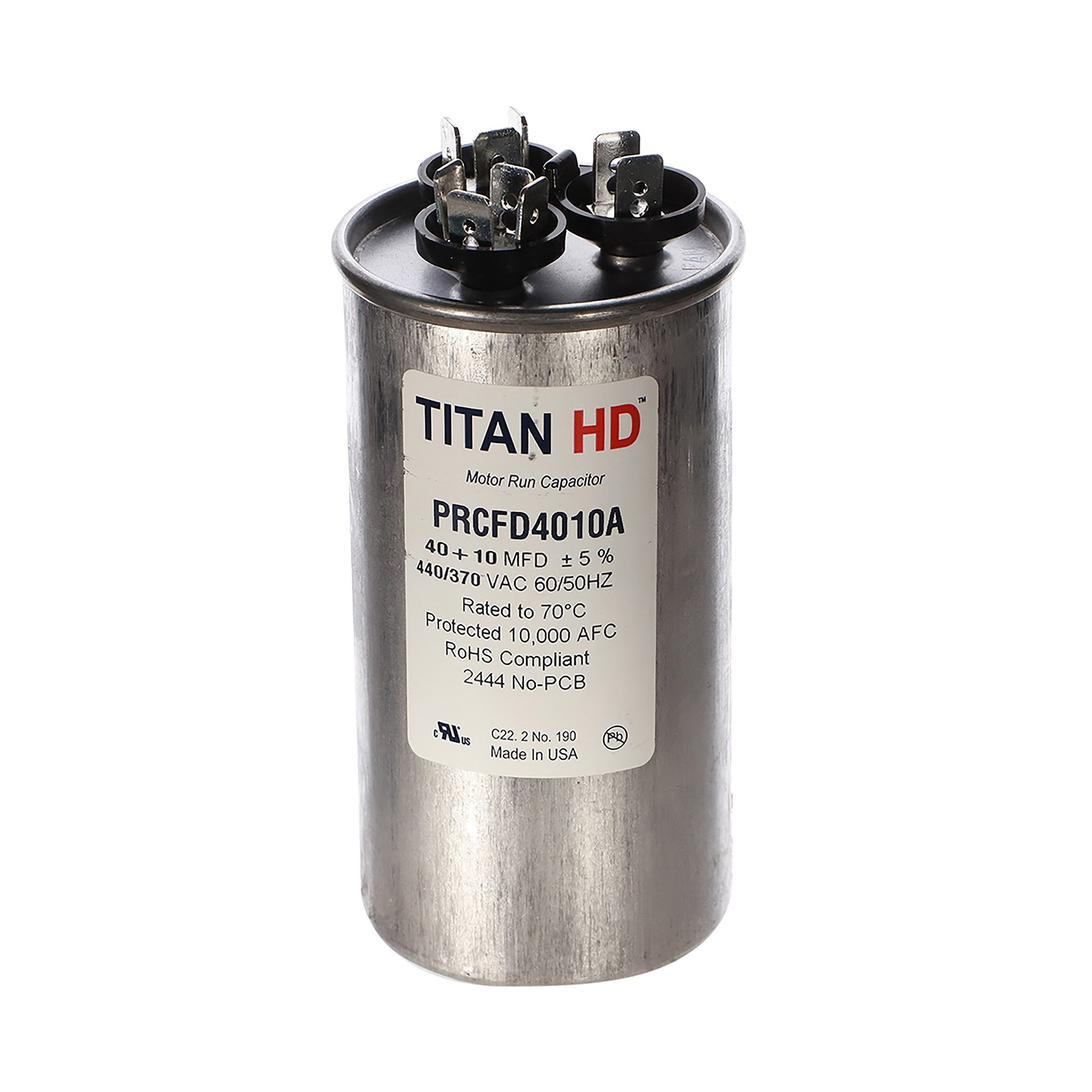 Packard Prcfd4010A Titan Hd 40+10 Mfd, 440/370V, Round Dual Run Capacitor 1 Packard prcfd4010a titan hd 40+10 mfd, 440/370v, round dual run capacitor