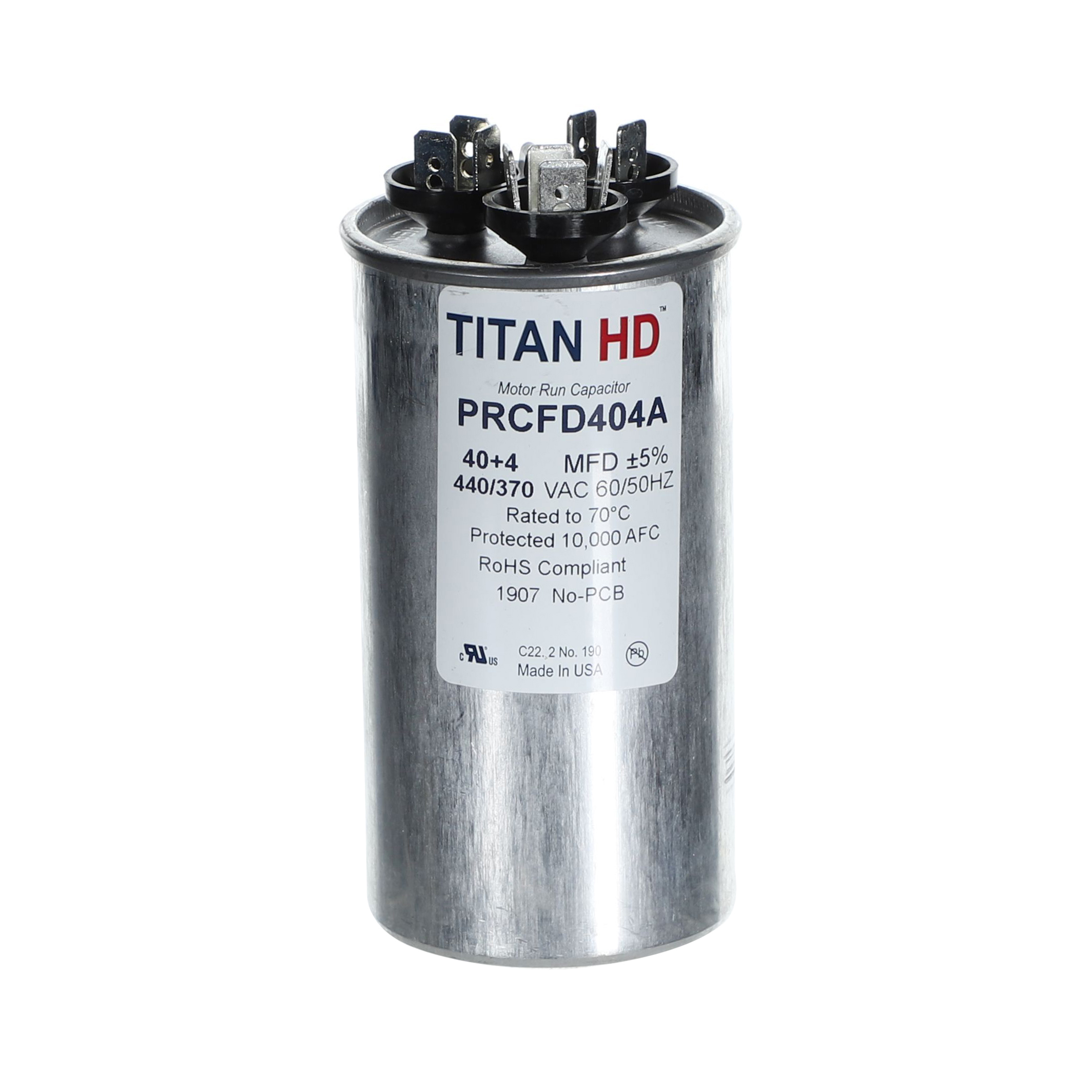 Packard Prcfd404A Titan Hd 40+4 Mfd, 440/370V, Round Dual Run Capacitor 1 Packard prcfd404a titan hd 40+4 mfd, 440/370v, round dual run capacitor