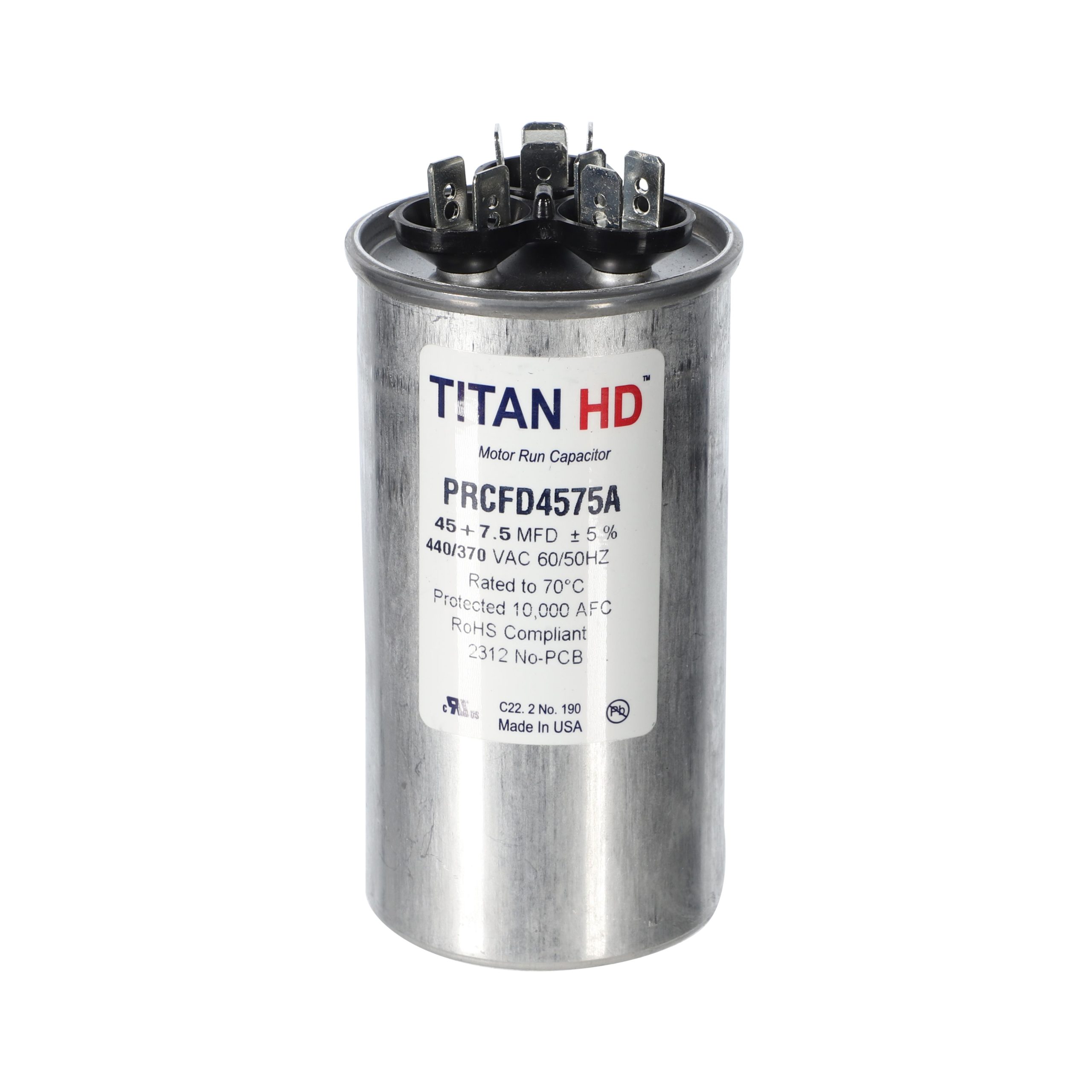 Packard Prcfd4575A Titan Hd 45+7.5 Mfd, 440/370V, Round Dual Run Capacitor 1 Packard prcfd4575a titan hd 45+7. 5 mfd, 440/370v, round dual run capacitor