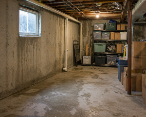 Basement storage with dehumidifier and clutter