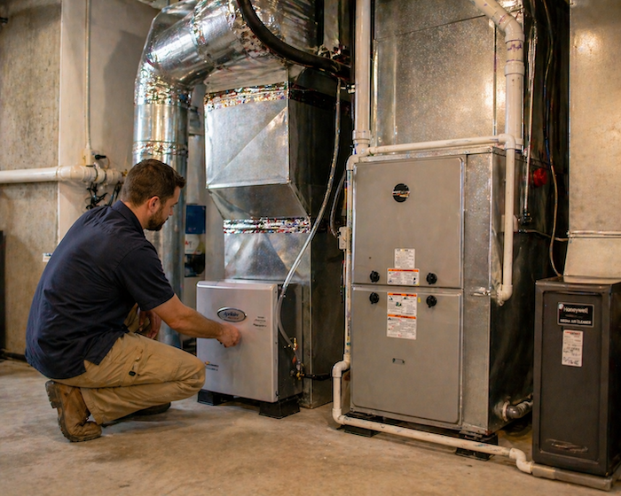 Hvac technician in a basement workshop