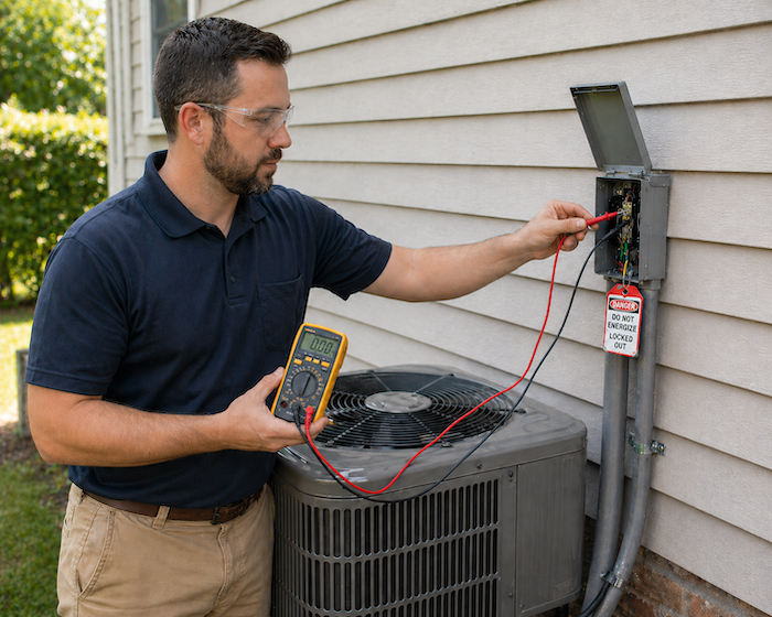 technician testing electrical connections outside