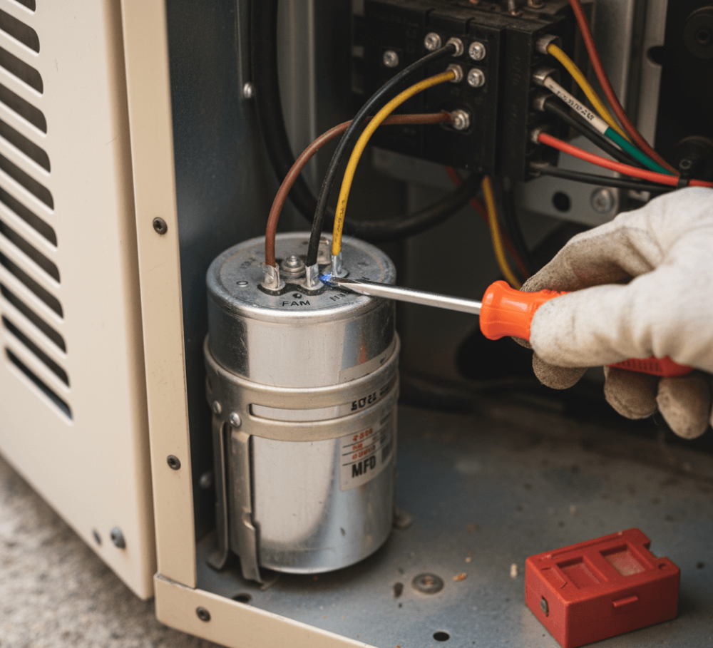 Discharging a capacitor before condenser fan motor replacement