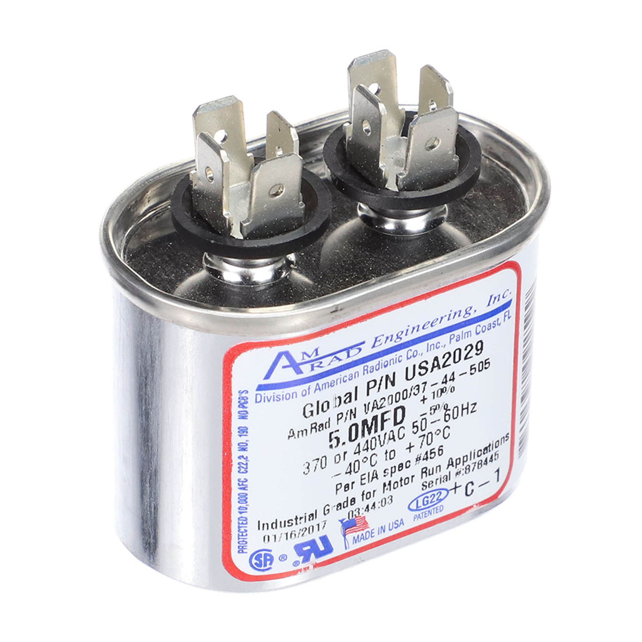 Rheem-ruud usa2029 single oval run capacitor 5 mfd 440 vac