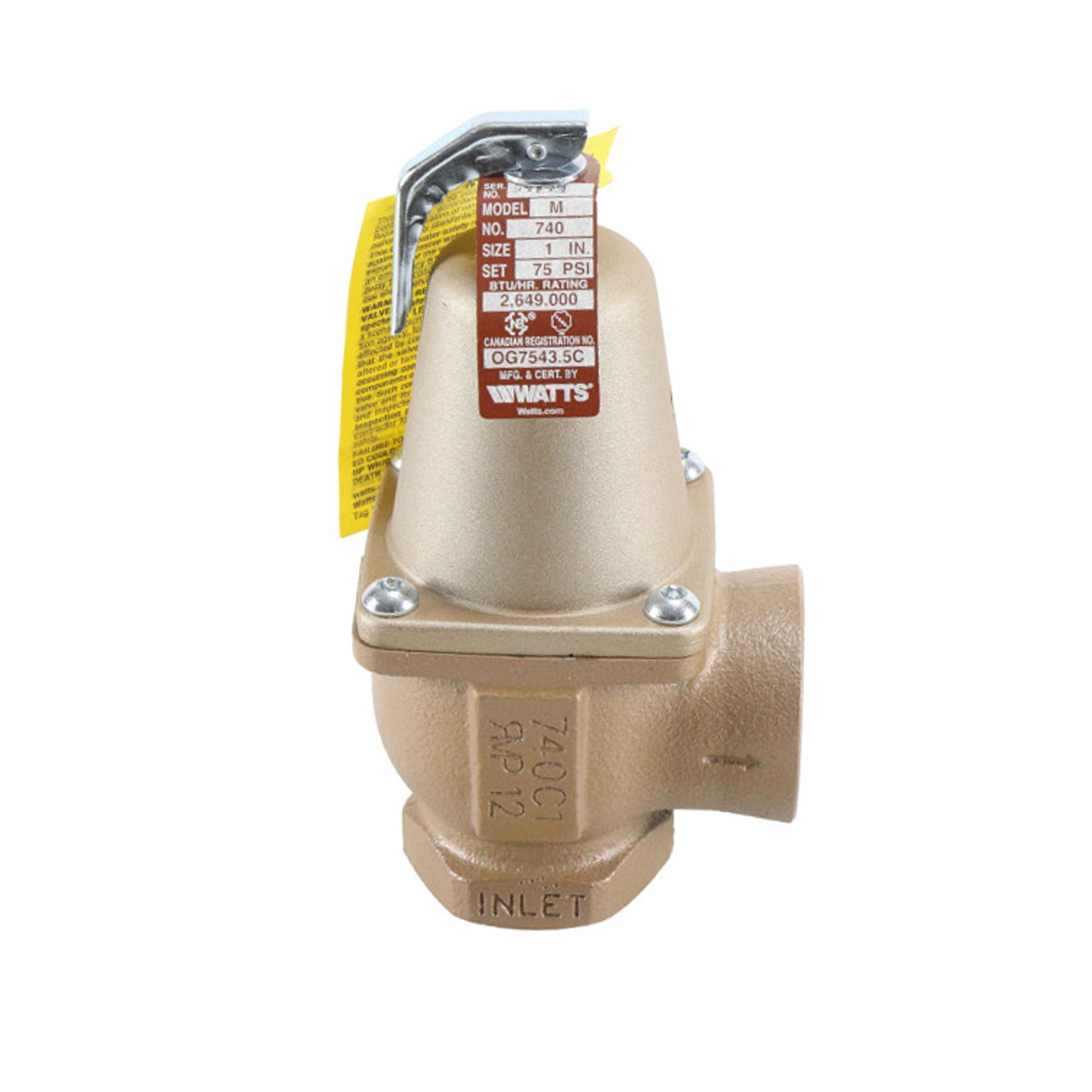 Watts f382821 740-1x 1-1/4" 75 psi 2,649,000 btu/hr relief valve